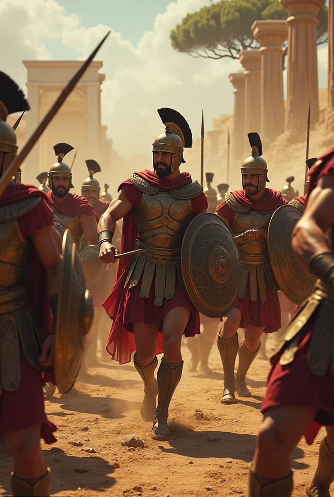 (best quality,ultra-detailed),(realistic,photorealistic:1.37), 300 ancient Greek warriors,armor,prideful and determined expressions,bronze shields,sharp spears,helmet crests,sun-drenched battlefield,marble column ruins,twisted olive trees,rippling muscles,battle cries and clashing weapons,heroic poses,reflected sunlight on armor,cast shadows,war-ravaged landscape,dusty battlefield,fierce and intense battle,historical illustration,traditional Greek warfare technique,gritty textures,vivid colors,heroic feats,classic Greek art style,authentic depictions,captivating storytelling,grandeur and majesty,classic sculptures,powerful gestures,renaissance-style lighting,dynamic composition,heroic victory,intricate details,perfection of human form