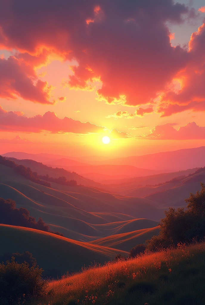 create an image of a sunset from the top of a hill