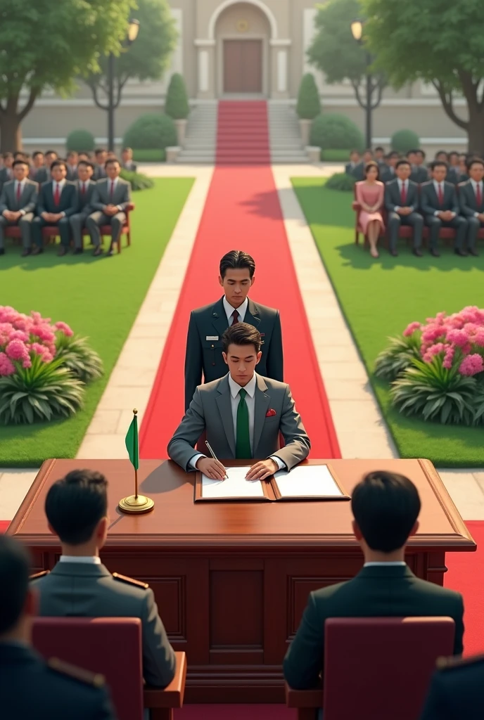 A gentleman in a grey suit aged about 24 years.Signing documents in an organized compound with grass,flowers and beautiful trees about 6.Where he is an executive table chair e.t.c A red carpet where he is and the audience.The event has about 30 people seated on the other side witnessing.There is heavy security presence too.The image should should also show a green flag on the table and a military assistant behind him