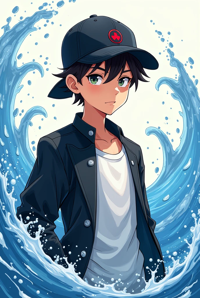 Superhero boy book cover with black cap backwards ,white shirt and black lab coat and controls water anime style