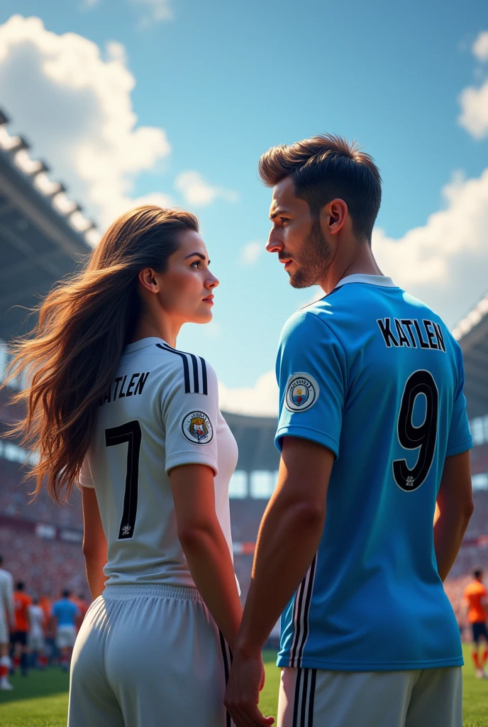 Woman from behind with the number 7 Real Madrid shirt and name Katleen and the man with the number 9 and Manchester City shirt and name Erick 