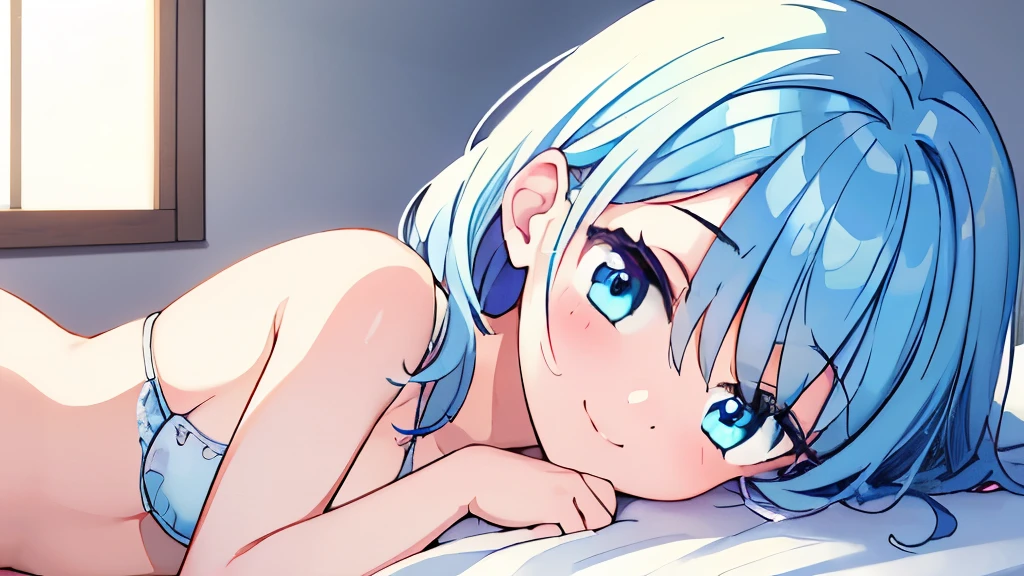 ((masterpiece)), ((best quality)), (ultra-detailed), anime style, on the bed, a cute girl, 1girl, solo, nude00, ((beautiful eyes)), beautiful blue hair, smile, ((open chest)), ((cute nipples)), small breast