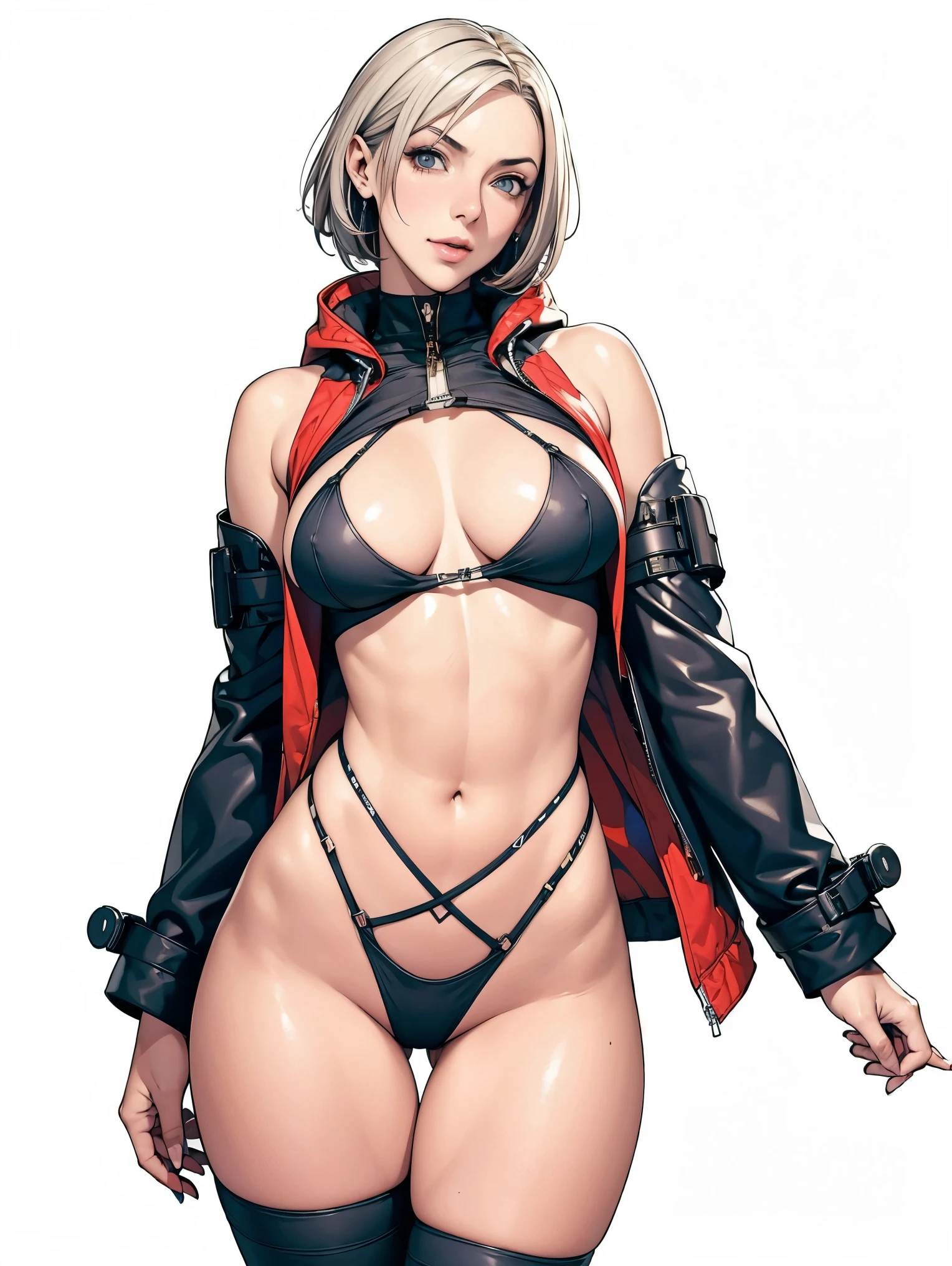 (((Annie Lennox))), (((colorful suit))), (scars), (((bandaged arms))), (((colorful clothes))) (( hood)), (((best quality: 1.4))), (Unbeatable masterpiece), (hyper HD),(CG 8k hyper-realistic), beautiful face, (((breasts big))), (((hyper feminine))), sexly girl, ((round face)), black tattoo,(ultra short red hair with white highlights)), ((( sculptural body ))), (((1 Kizi))), Kizi tatuada de 25 anos com perfect body, perfect hands, perfect fingers ,Beautiful and well-groomed face, (round face), muscular body:1.2,solid color detailed jacket, (Head to thigh photos), Complex equipment, ,Tight clothes,With white stars and off-white stripes,,,,,Armor Metal Electronic Parts, Poison tattoos ) INFO, Kizi, (((standing alone))), , 24歳, sexy, pose de attitude, work of art, dancing, ((slight smile)), post-apocalypse, (((manga style))), bounty hunter, the way you want, perfect body, roupa moderna, advanced technology, white, yellow accent, black, red accent, fur collar jacket, sleeves with vertical striped pattern, background city, (( cowboy shot )). intricate visual, narrow waist, (((wide hips))), wide hips, fit thighs, (((thigh gap))), Thigh gap, background shows a futuristic airplane, open expression, expression happy