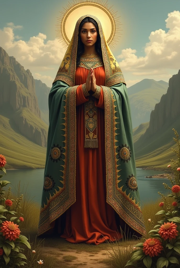 Generate an image of the Virgin of Itatí from Corrientes Argentina with Indian features incorporating earrings and details in her veil