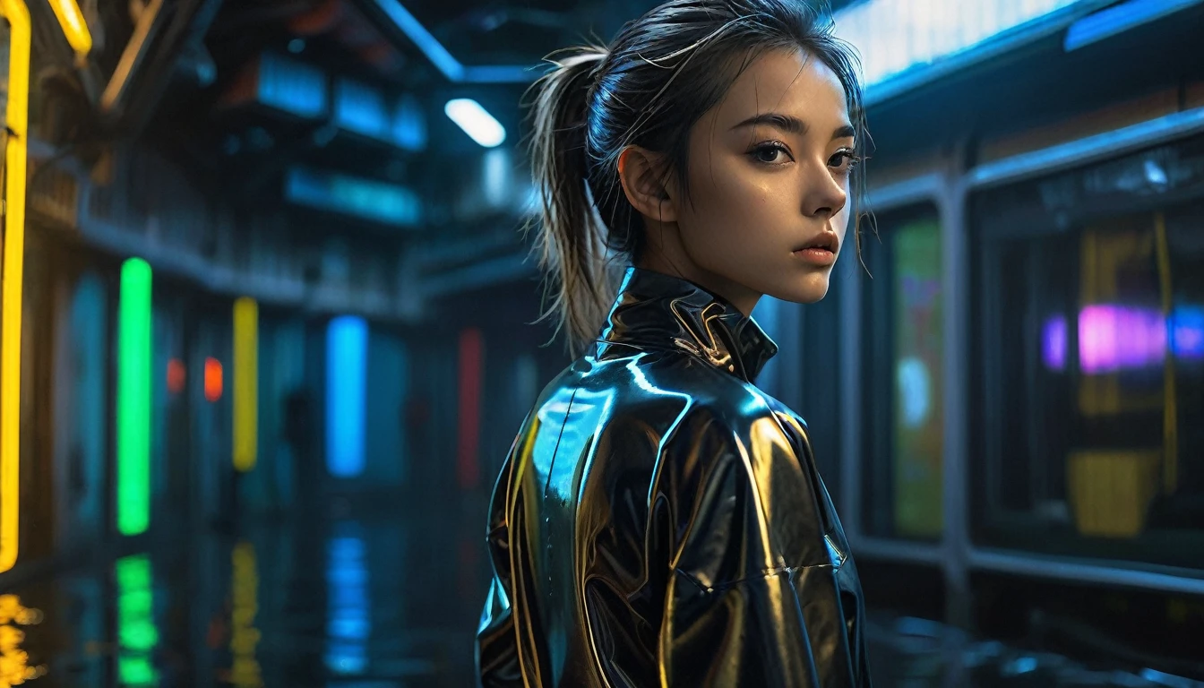 Top Quality, Masterpiece, High Resolution, 8k, (((cute skinny barely legal girl in oversized latex shirt and wetlook leggings, bare belly, wide neckline, deep neckline, small perky breasts, beautiful detailed eyes, beautiful detailed lips, small closed mouth, extremely detailed face, long ponytail hair, small hips))), cyberpunk apartment, moody atmosphere, dramatic and random neon colors, futuristic setting, intricate details, at night, backlit, full body shot, view from distance 