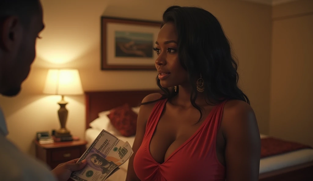 20-year old sexy, hot Nigerian female prostitute getting paid in cash by her male client in a hotel room.
