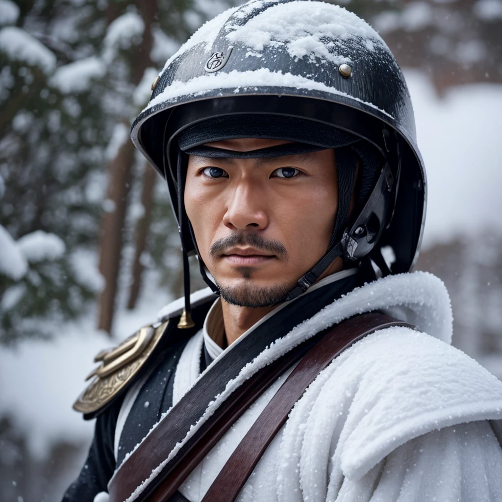 Close-up of a japanese swordsman wearing a helmet with a snowy scene