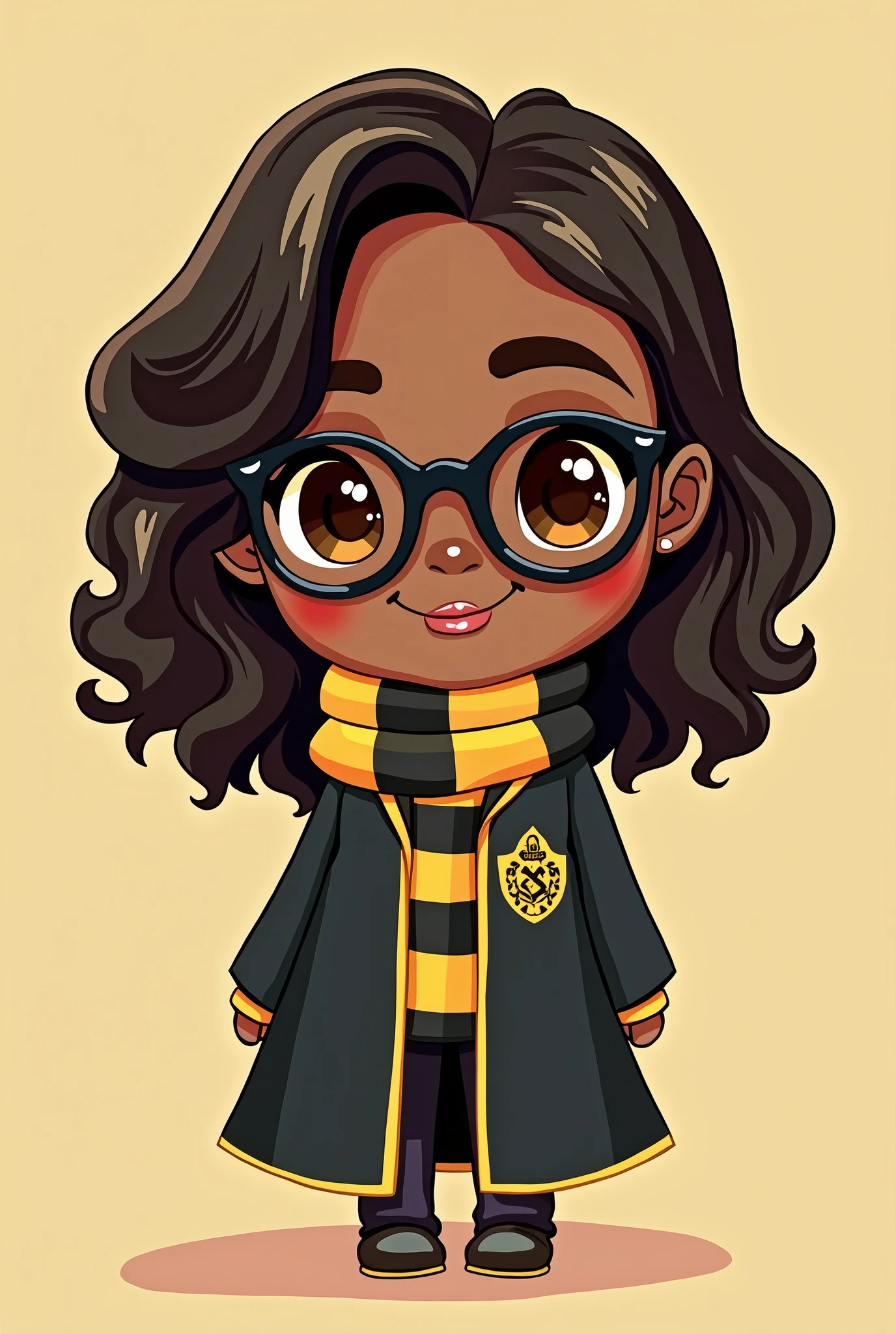 A chibi-style illustration of a 2 woman with shoulder-length, curly layered hair. She is black and has an oval face with large, prominent cheeks and full lips. Her eyes are large and brown, framed by black cat-eye glasses that add a touch of style. She is dressed in a cute Hufflepuff outfit, including a black cloak with yellow trim and a yellow and black striped scarf. The Hufflepuff crest is visible on her chest, and she has a cheerful and loyal expression, with a simple, pastel background to emphasize her features.