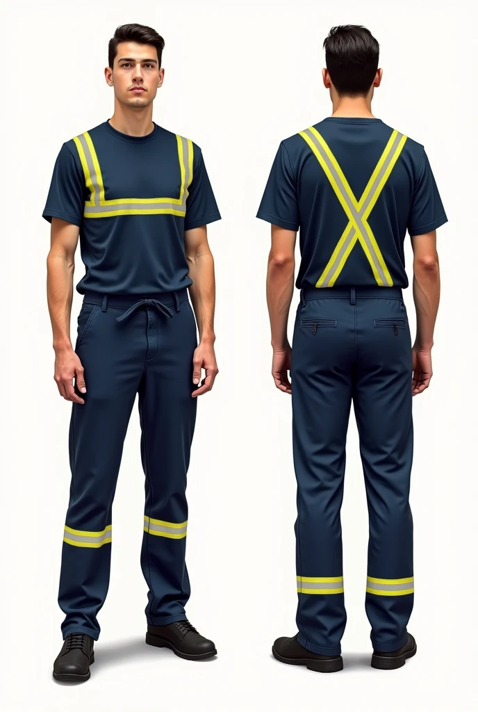 Drawings of a person from the front and back wearing safety clothing, a navy blue t-shirt and navy blue pants with yellow reflective stripes on the chest, sleeves of the t-shirt, back and calves from the back and front, which are used in the Quilmes brewery and malt house