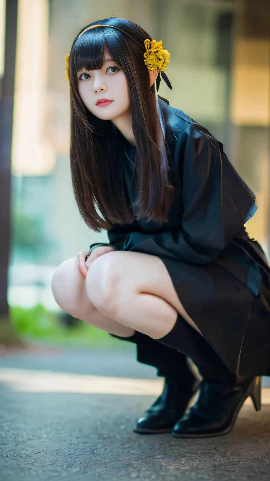 (((Tabletop, Highest quality, Very detailed, In detail、medicine, body))), (((High resolution, 8k wallpaper, Perfect dynamic composition、No blur))), Young and beautiful、black slit dress、photo shoot, Cute Face, Wear a flower on your left ear、Long Hair、head band、I can see your sexy thighs, Embarrassed face、No makeup, Film Grain, chromatic aberration, Sharp focus, Detailed face, Background Blur、(Standing knee-high view)、(カメラに向かって顔とbodyを向けて立つ)