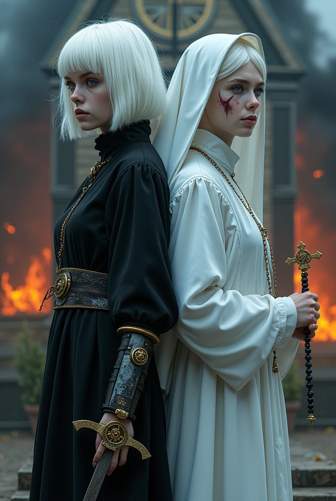 Two albino girls from the Middle Ages standing back to back with violet eyes and white hair, with the one on the left with short hair in dark alchemist clothes and with a steampunk prosthesis holding a dagger with the baphomet symbol in her left hand, and a cut on the face, and the one on the right in white nun&#39;s clothes holding a rosary, with a burning church behind, the night.