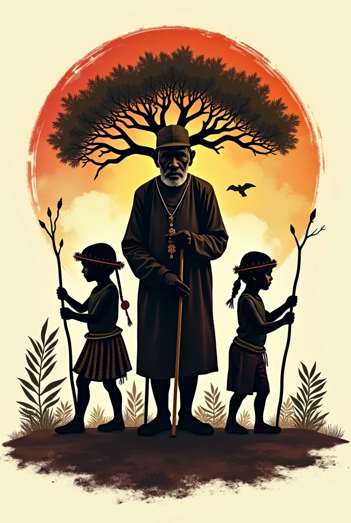 Design something traditional with the indigenous Colombian culture of the Cundinamarca territory, with brown colors, greens, blue, oranges and reds, in which the background is a silhouette of an indigenous elder, with a circle of life , The silhouette has to be of an elderly indigenous man or woman., In the front, indigenous children dressed in traditional costumes and playing with sticks.
Give me more logo design, includes a tree.
give me darker colors, and only the silhouette of the old indigenous man can be seen,      Believe me as a logo for a festival, make it more illustrative and the mulatto children , Give me more towards the Muisca culture, that represents the feelings of our dead and the knowledge of our elders. 
Create me a tree where on one side are the living and on the other side the silhouettes of the dead, Add a text that says JIZCA CHIA ZHUE FESTIVAL The most illustrative and simple type of drawing

 