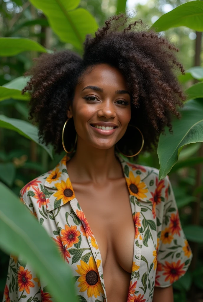 A Brazilian woman in a lush tropical garden, wearing an open shirt with a floral print, with a close-up capturing the harmonious beauty between her breasts and the natural flowers, showing off your natural charm and outgoing personality.