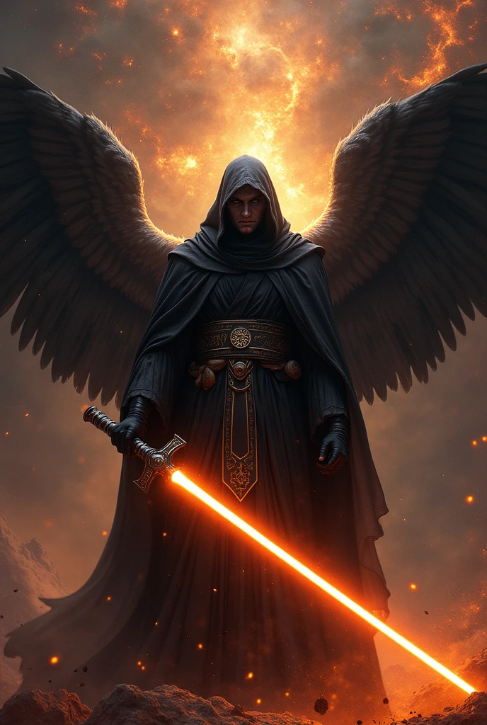 a very powerful catholic sith with orange colored lightsaber and black angel wings for cell phone wallpaper