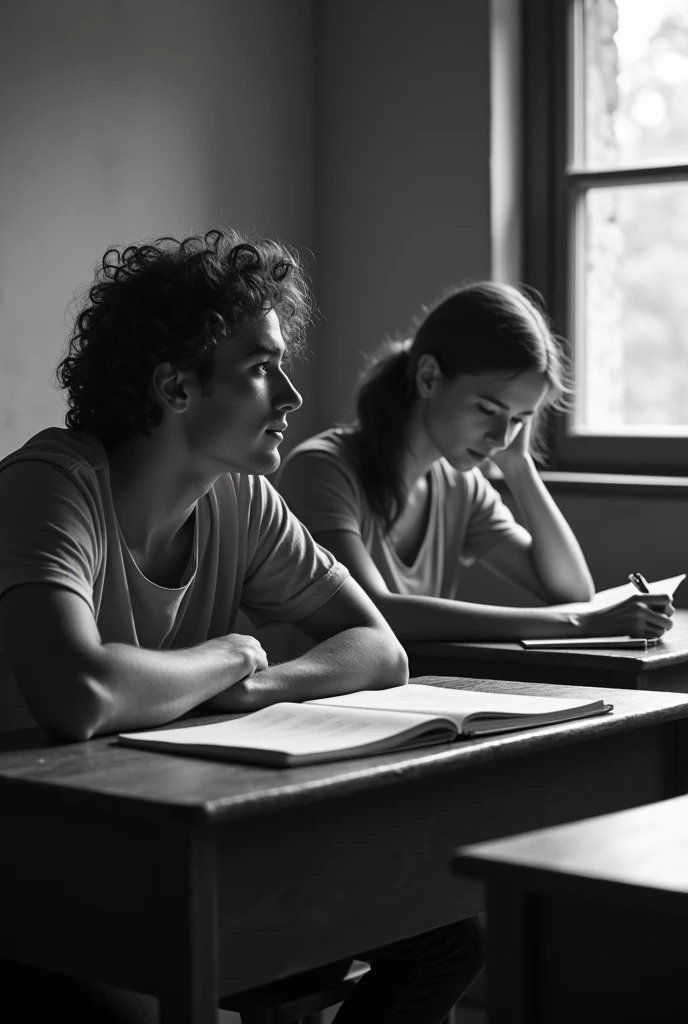 two young people (relaxed man and studious woman) 20 and 2 at school studying a little apart, old black and white image