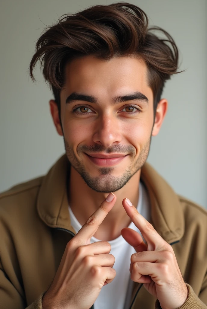 Create a 20 year old man's face, brown hair and beautiful. 1 photo of peefil and another one waving his hands