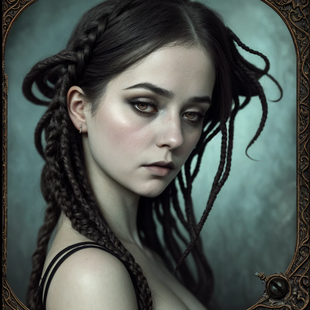 (extremadamente detallado, obra maestra, La mejor calidad), Estilo oscuro, intense illumination, rostro con arrugas, lengua larga, tentacle, deforme, monstruoso, un anciano con Colmillos finos, amenazante. mujer punk. Rococo composition. Luz de caravaggio
