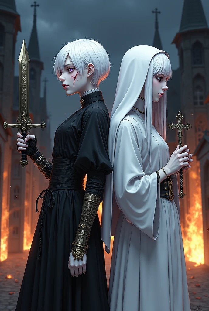 Two pale middle-aged girls back to back with violet eyes and white hair, with the one on the left with short hair in dark alchemist clothes and with a steampunk prosthesis holding a dagger with the baphomet symbol in her left hand, and a cut on the face, and the one on the right in white nun&#39;s clothes holding a rosary, with a burning church behind, the night.