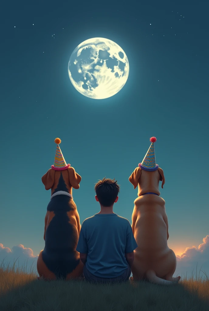 two dogs back to back looking at the moon. A large beagle dog and a small Labrador dog. And a young man with his back turned sitting looking at the moon. All the dogs are wearing birthday hats and are looking at the moon. With the young man in the middle