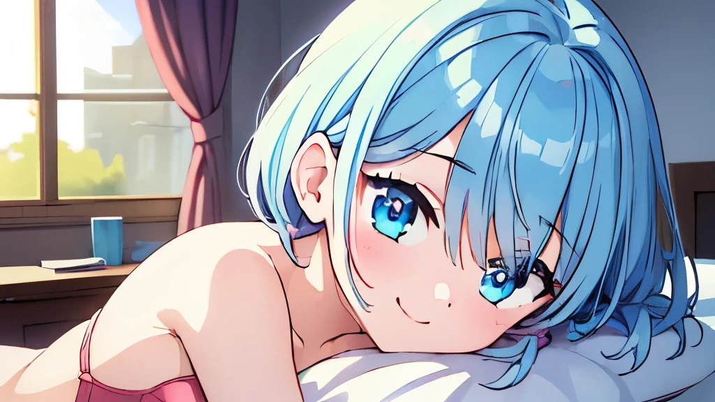 ((masterpiece)), ((best quality)), (ultra-detailed), on the bed, a cute girl, 1girl, solo, underwear00, ((beautiful eyes)), smile, beautiful blue hair