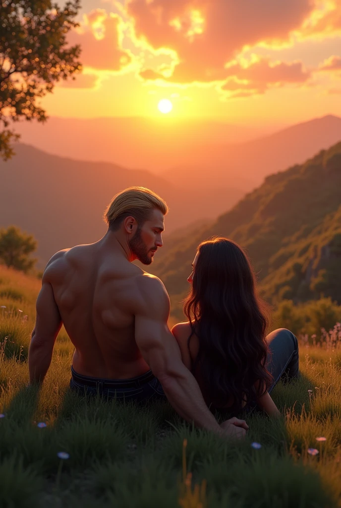 create an image of a sunset from the top of a hill with a couple of a strong military guy with blond hair and a woman with long dark hair lying on the grass