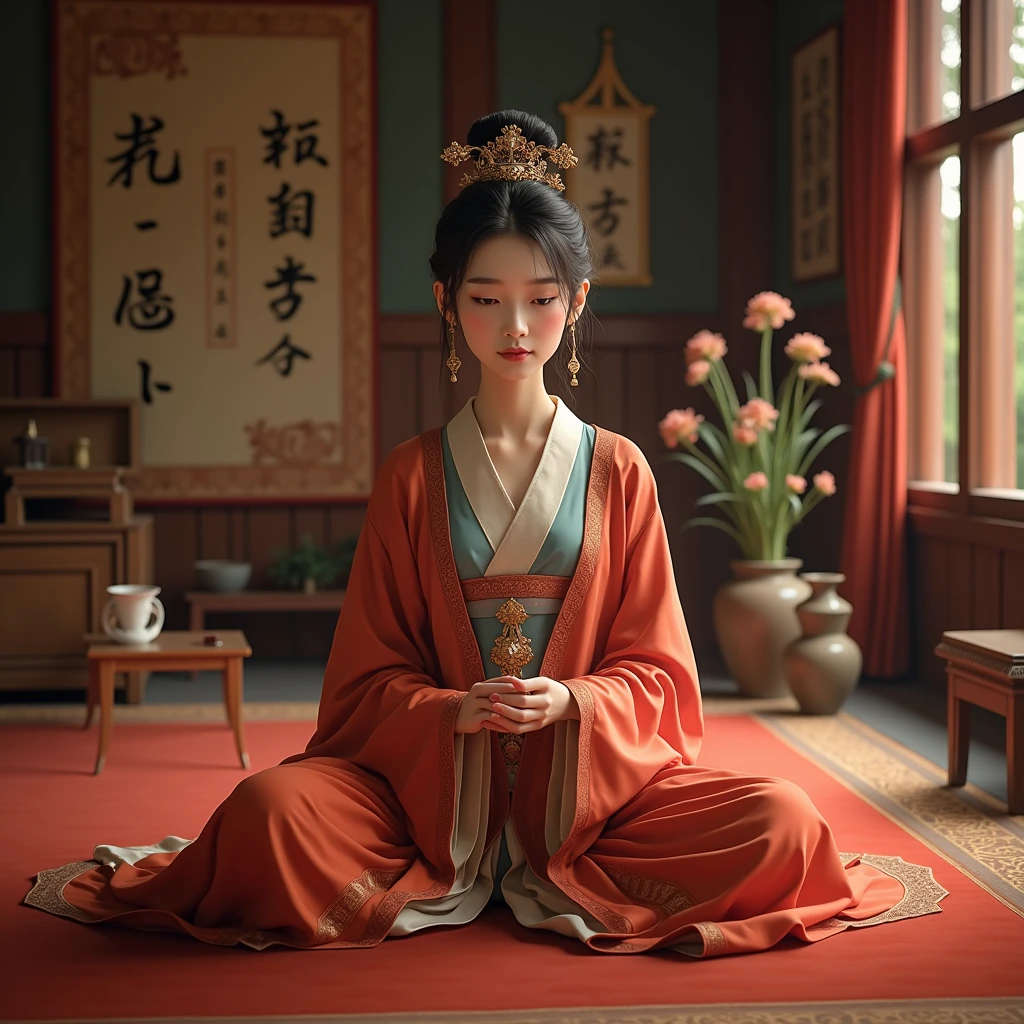 An ancient Chinese painting from the Tang Dynasty, Hanfu. A young woman in a white and blue dress is sitting in a reception room talking to a young man who is looking at an account book.