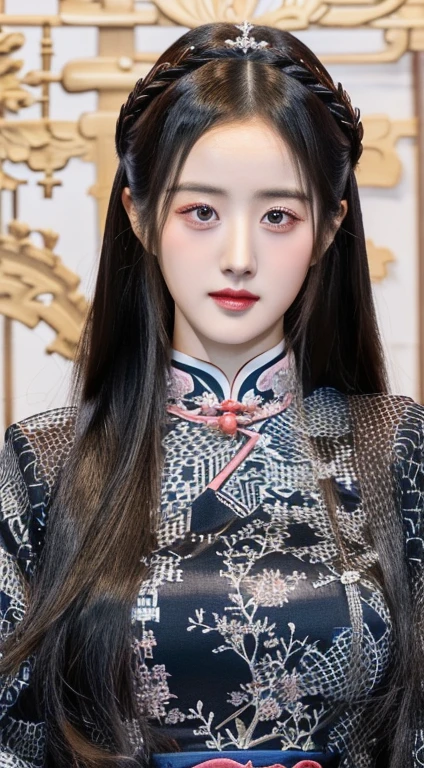 a woman with long hair and black and white dress and pink eyes, dilraba dilmurat, ruan jia beautiful!, cheongsam, traditional Chinese, Xianxia de cuerpo completo, Xianxia, chinese princess, Inspired by Zhang Yin, Sha Xi, Inspired by Tang Yifen, inspired by Huang Ji, Chinese girl, Inspired by Dai Xi, Yun Ling, big breasts, heavy breasts, big tits