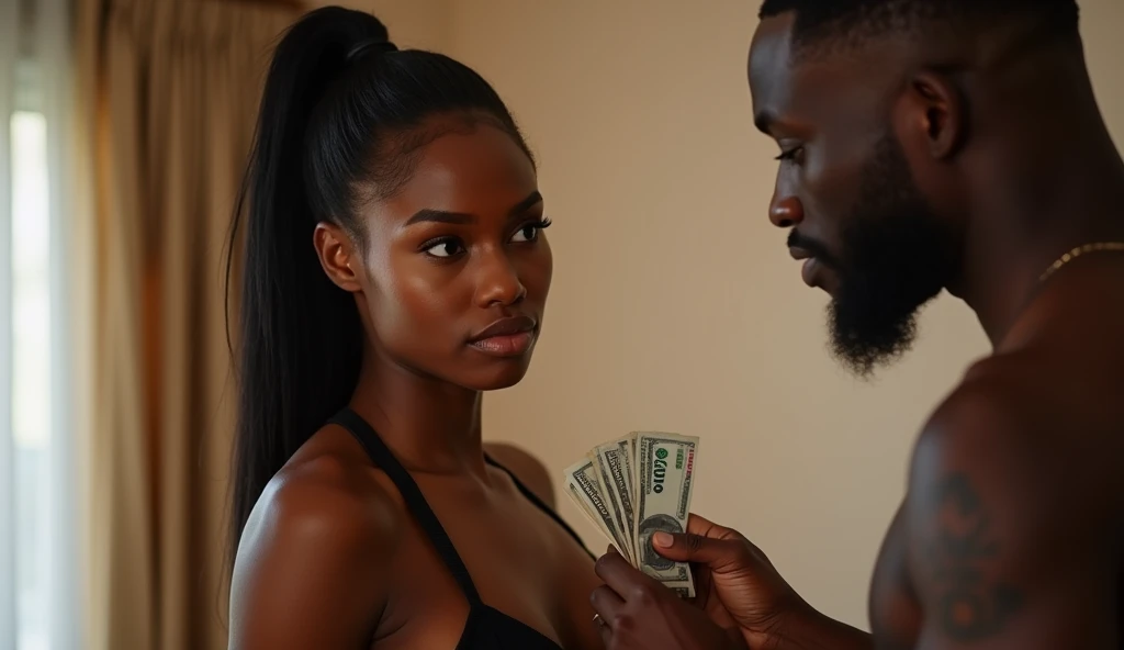 20-year old sexy, hot Nigerian female prostitute getting paid in cash by her male client in a hotel room.