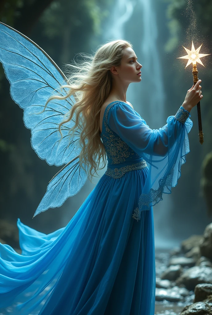 A woman with blonde hair and a blue dress with soft wings, and a wand with a star on the end. In the style of a retro 80s Dark Fantasy movie