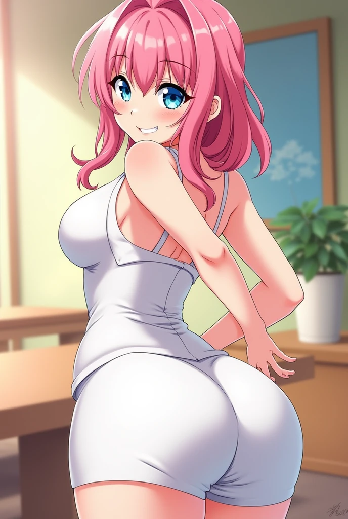 Mitsuri Kanroji, anime character, White dress, huge breasts, huge ass, open your legs, looking back, zoom in the ass,Ass accepted, bright, redondo, by rubio, blue eyes