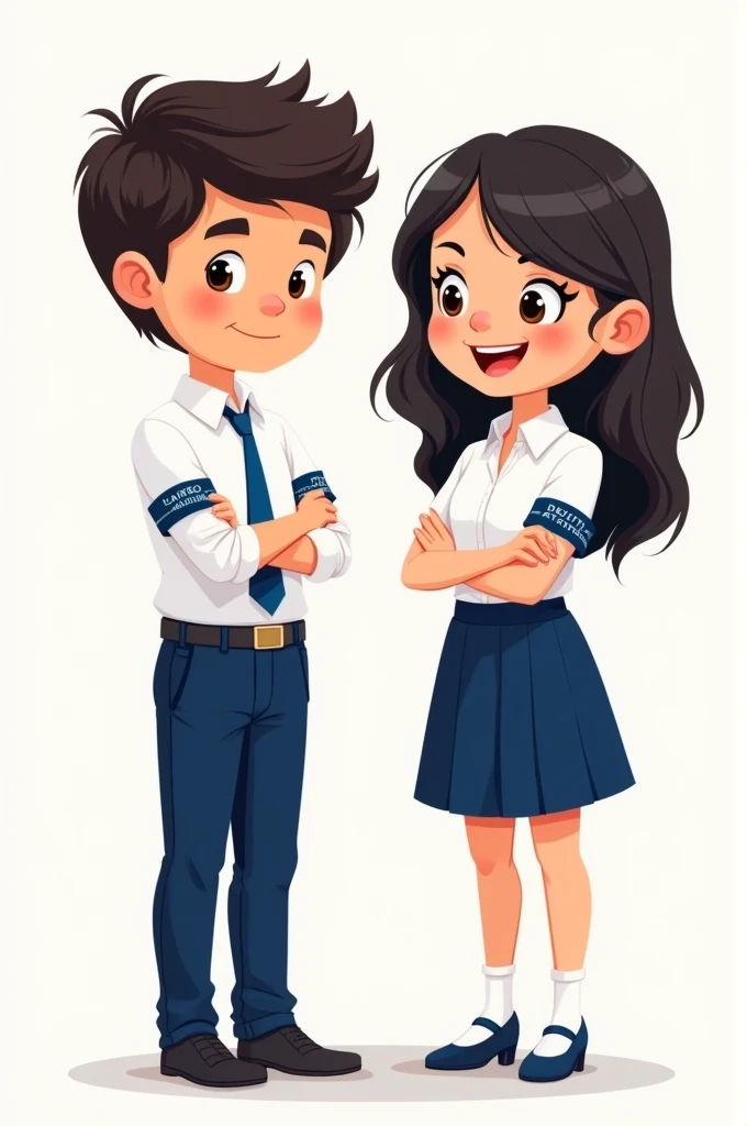 A student boy wearing navy blue pants and a white button-down shirt, a blue crossed band that says lawyer for a day in Spanish, and a girl in a navy blue skirt and a white button-down shirt with a blue crossed band that says Deputy Attorney General in full body, happy in cartoon style drawing shape full body