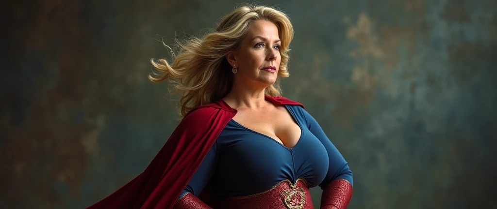 ancient cave; strong Jean Smart 2024( big fat woman; powerful; trusting; higher) 2007 (((Woman defined body with big breasts, strong and firm; Supergirl 1984s costume dress))) as Supergirl(((Jean Smart&#39;s 1984 Supergirl Movie))); floating in mid - air. 