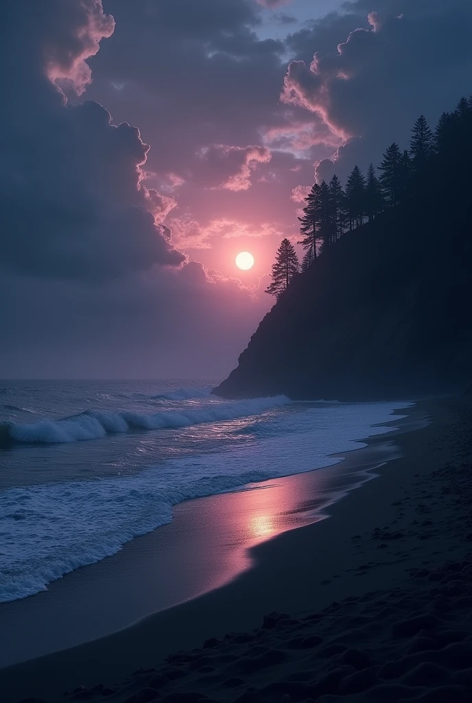 A very dark sunset on the beach, dark image with some purple tones of a storm with clouds and very few flashes of the sun that cannot be seen

