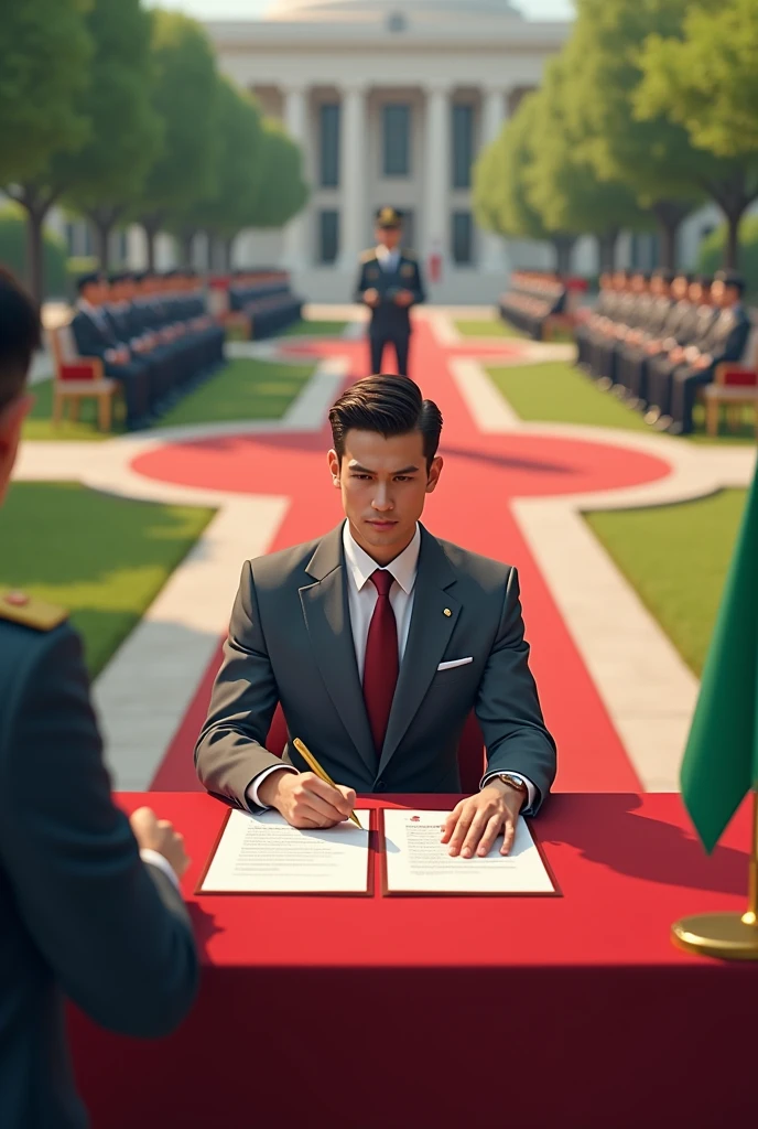 A gentleman in a grey suit aged about 24 years.Signing documents in an organized compound with grass,flowers and beautiful trees about 6.Where he is an executive table chair e.t.c A red carpet where he is and the audience.The event has about 30 people seated on the other side witnessing.There is heavy security presence too.The image should should also show a green flag on the table and a military assistant behind him.He should also face the audience and the documents should have a red seal