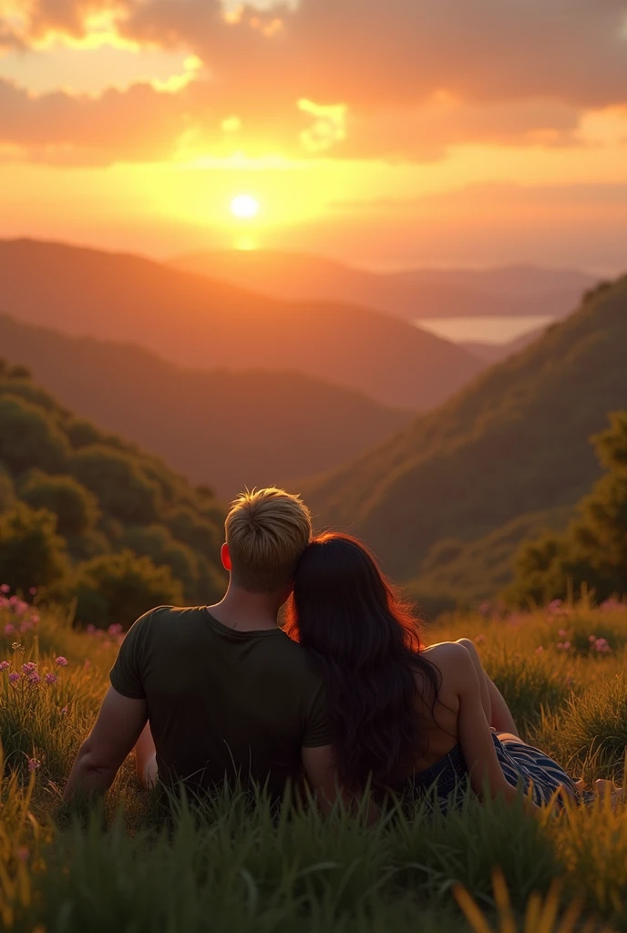 create an image of a sunset from the top of a hill with a couple of a strong military guy with blond hair and a woman with long dark hair lying on the grass
