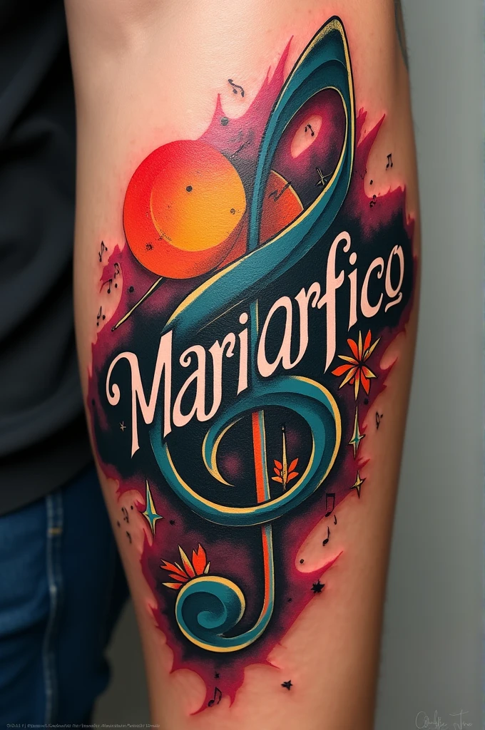 Tattoo that says mariarafico and is inspired by music