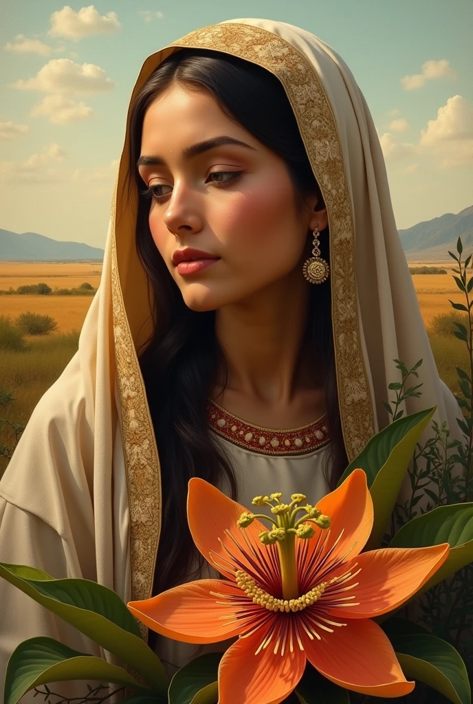 Generate an image of the Virgin of Itatí from Corrientes, Argentina with Indian features, incorporating earrings and details in her veil, changing the background landscape because in Corrientes, Argentina there is a plain and a passion fruit flower.