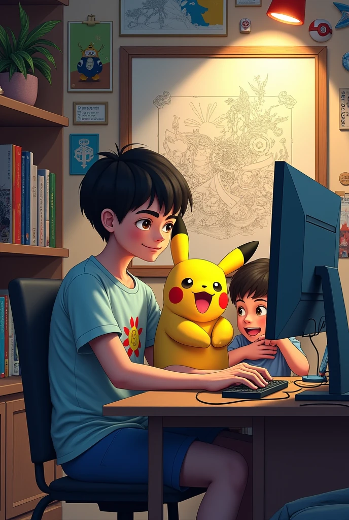A teenager playing video games, A drawing and a boy playing with a Pikachu doll