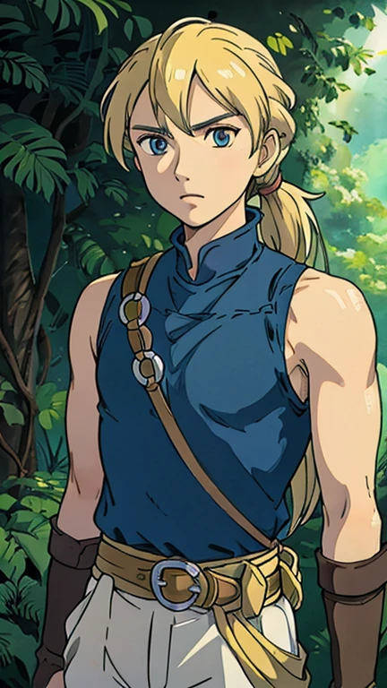 (1boy, solo, JowyAtreides), (extremely detailed CG unit 8k wallpaper),(master part), (best quality), (ultra detail), (best illustration),(ghibli style), cowboy shot, (Sharp eyeliner, ombre, detailed eyes:1), oasis, outdoors background, ,break, (GHIBLI_Background), upper body, blue shirt, white pants, yellow belt, sleeveless, 1boy, solo, blonde hair, low ponytail,