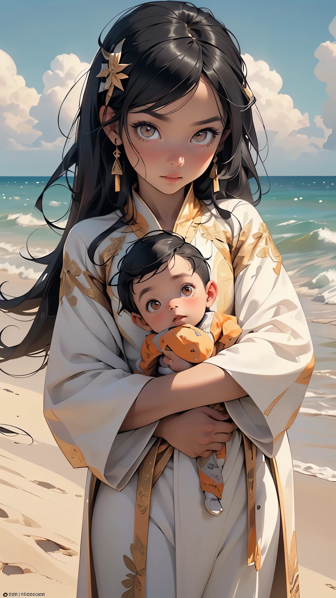 ,(((little boy,boy,???,??? only,child,1boy,male gender))),(((()))),
child's chest,(((black hair,long hair,colored inner hair))),((orange_eyes:1.3))),intricate eyes,beautiful detailed eyes,symmetrical eyes,big eyes:1.5,(((black skin,dark skin,lustrous skin:1.5,tanned skin,bright skin: 1.5,skin tanned,shiny skin,very shiny skin,shiny body))),(((??? body,a little chubby,good anatomy,accurate body proportions,detailed shota body for young boy,))),(((detailed face and eyes))),
(mexican clothes),(((robe outfit,robe clothes))),((bulge in pants)),((white and red clothes theme,intricate outfit,intricate clothes)),
(dynamic pose:1.0),embarrassed,(centered,scale to fit dimensions,Rule of thirds),
((Sky, Sea, clouds,)), with dark stormy clouds,((beach scenery,intricate scenery)),
(Glossy mexican ornaments),highres,sharp focus,(ultra detailed,extremely detailed),(photorealistic artwork:1.37),(extremely detailed CG unity 8k wallpaper),(((vibrant colors,vibrant theme))),(intricate),(masterpiece),(best quality),artistic photography,(photography taken by sldr),(intricate background),perfect rendered face,perfect face details,realistic face,photo realistic,((intricate detail)),(((realism))),