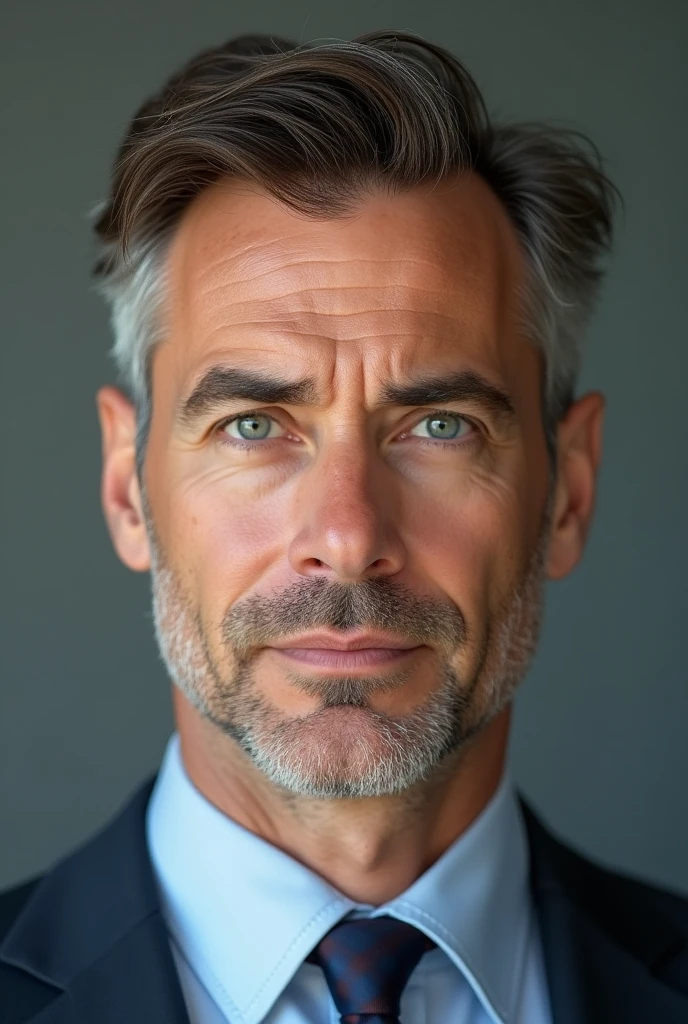 (photorealism:1.2), generate me a middle-aged man with brown hair, that looks a little tired, light eyes and looks like a resume photo, but without gray hair