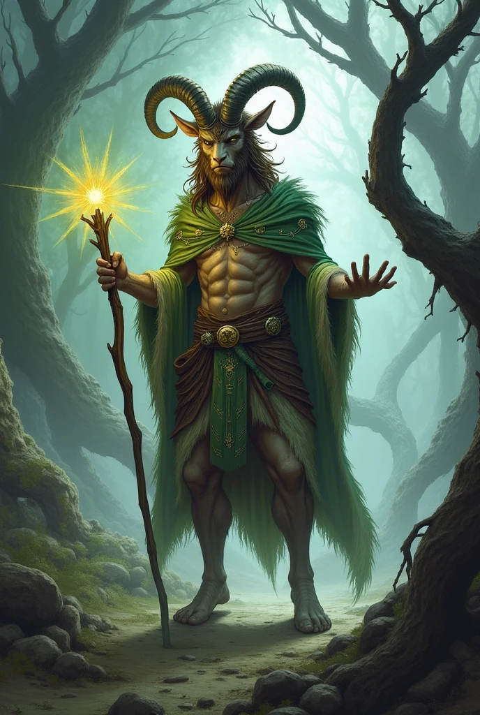 Create a satyr mage to d&d.

 attention : the top part is human and only the bottom part is goat, he has a human face.