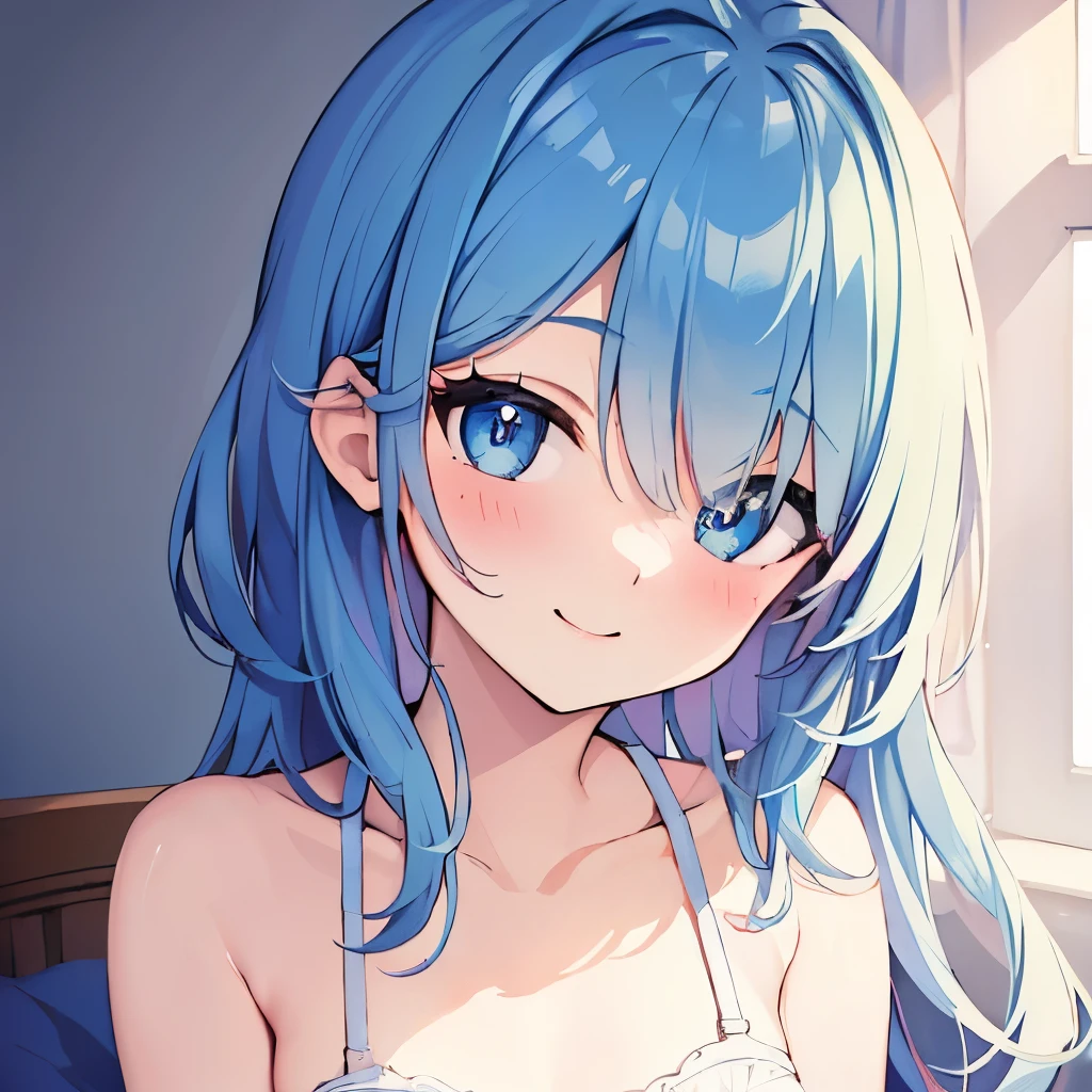 ((masterpiece)), ((best quality)), (ultra-detailed), on the bed, a cute girl, 1girl, solo, underwear00, ((beautiful eyes)), smile, beautiful blue hair