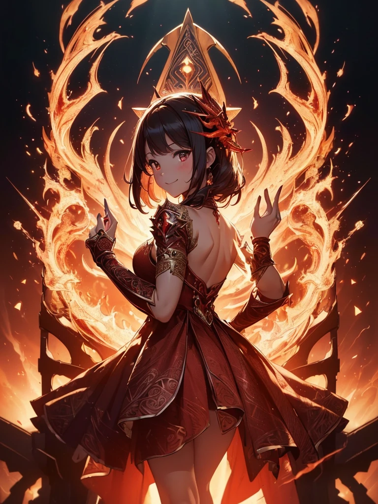 (((best quality, sharp image, clear image, cinematic lighting, 8k resolution, masterpiece, ultra detailed, intricate))) Girl, sorcerer, cute, intricate dress, smiling, fiery red, ((intricate background)), (rune frame), dimension, ((shot from behind)), fire sigils, chaotic background.