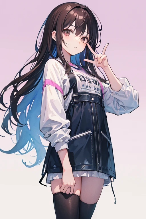 Full body, a otaku woman with freckles, dark brown eyes, an upturned nose, she is happy, with one peace sign hand, she has long wavy hair, wearing aviator sunglasses with clear lenses in a soft watercolor style. The girl must be in pink, purple and blue in celebration of the bisexual, with stains of ink and watercolor mixing and filling the scene. There should be a subtle, nuanced change in colors using the impasto technique with gouache paint. There should be a light rain in the watercolor painting with a little watercolor paper texture and a pastel background.