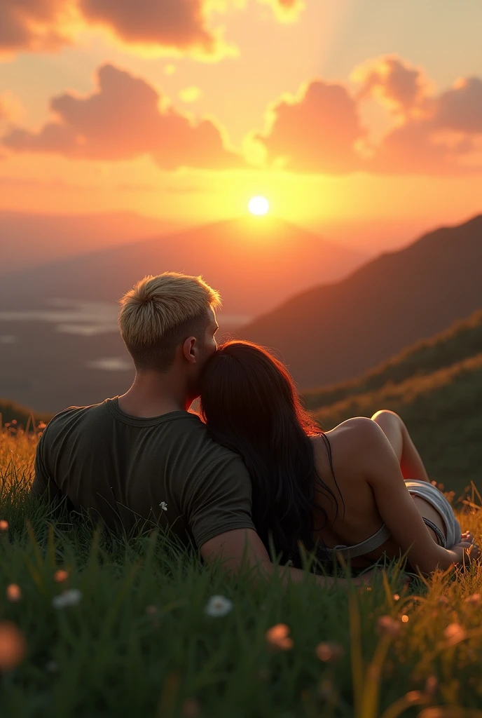 create an image of a sunset from the top of a hill with a couple of a strong military guy with blond hair and a woman with long dark hair lying on the grass