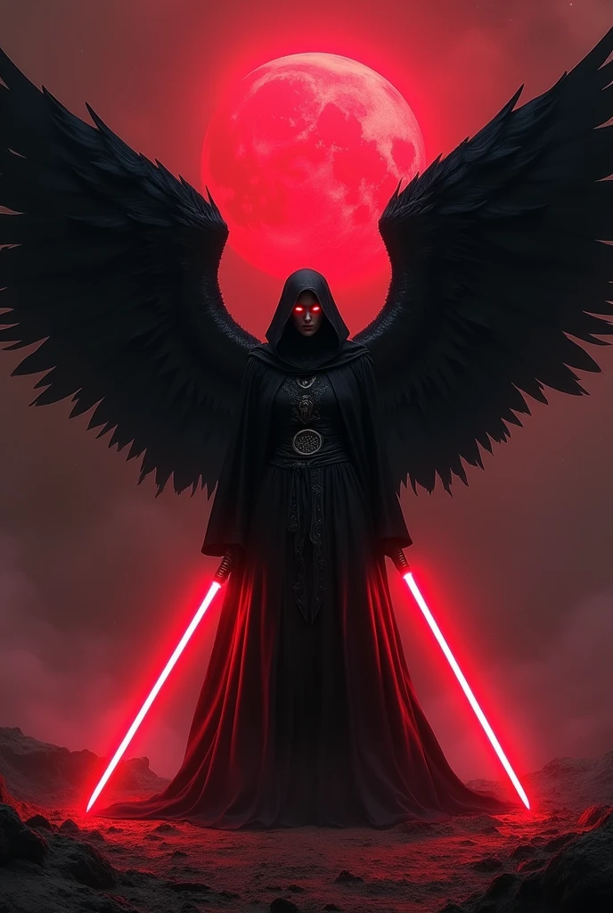 a sith templar with black angel wings and a crimson lightsaber