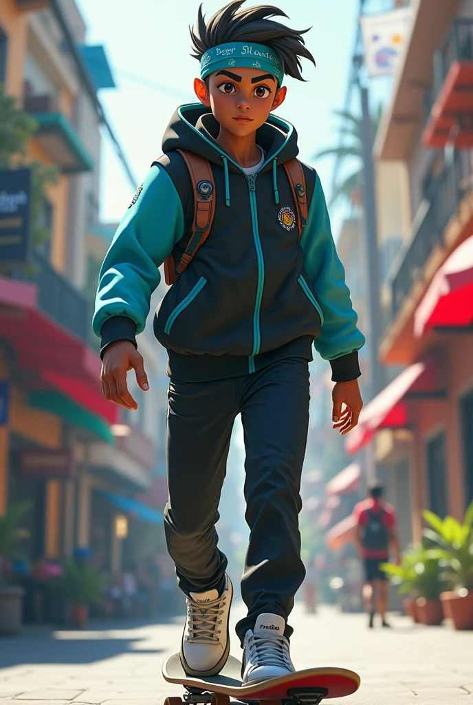 Make an Indian pokemon trainer with a skater outfit and a bandana on his forehead I want his outfit color to be black and cyan 