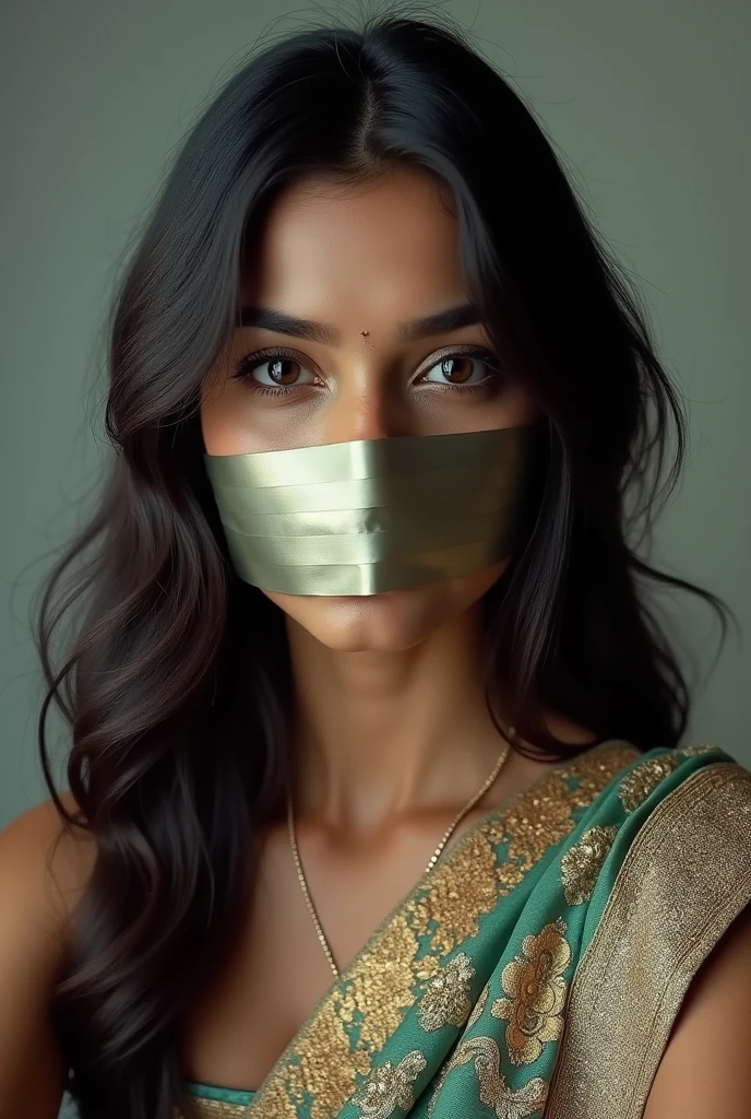 Aesthetic Indian Girl blindfolded Duct tape gagged in shimmering prom saree Taking selfie 