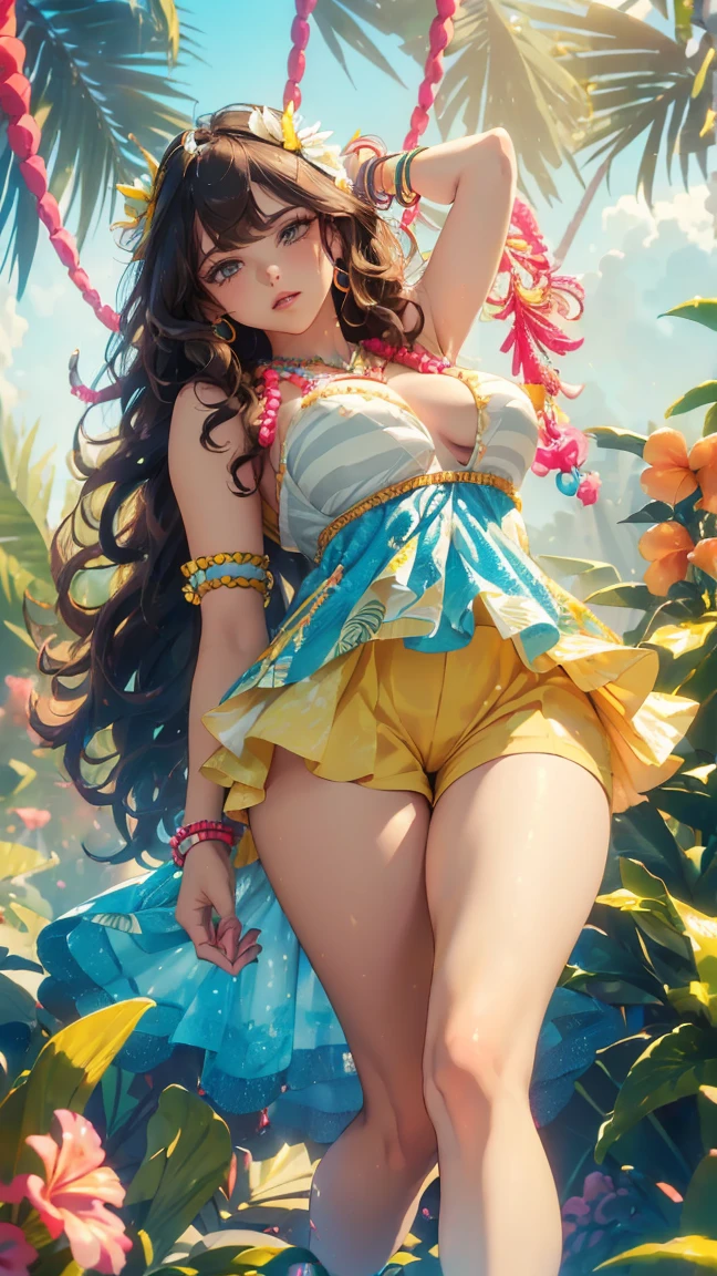 ((work of art, best qualityer, cinematic, photorrealistic, ultra detali)), ((wide plan)), ((attractive girl)), ((voluptuous body, Perfect Anatomia, corpo sexy)), ((red glowing skin, hot and sexy)), ((perfect hands)), ((breasts big)), ((long and round legs)), ((detailed and shiny hair, dark brown hair, wavy and flowing hairstyle)), ((wearing Sandó, in sunny yellow with white stripes:1.2)), ((vestindo shorts perfect, in turquoise blue with coral pink floral patterns :1.3)), ((a beaded anklet with tropical pendants:1.4)), ((neutral beige strappy sandals with floral embellishments)), ((sultry posing)), (( and leaning against the white wall)))(Huge Pink Breasts, deep neckline 1.8, thick-thighs, curvy figure)),(( , SPREADING LEGS OPEN, Hands behind the head, )) pov from rear, round buttocks